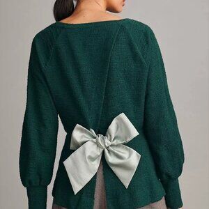 Anthropologie Holly Green Bow Open Back Bow Tie Holiday Sweater Top Womens Small
